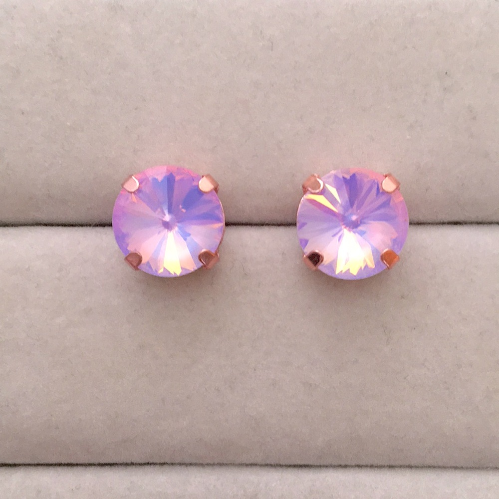 Lilac Purple Opal Aurora Borealis + Rose Gold Rivoli Crystal Earrings